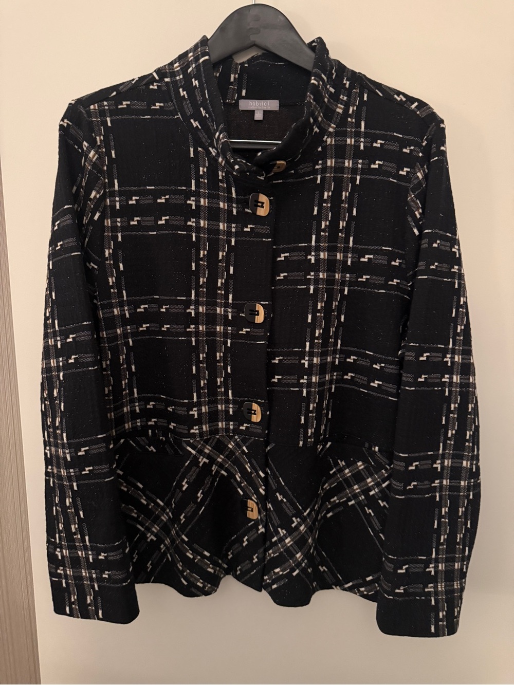 Habitat Black Plaid Peplum Jacket Size L Artsy Button Front Cotton Blend